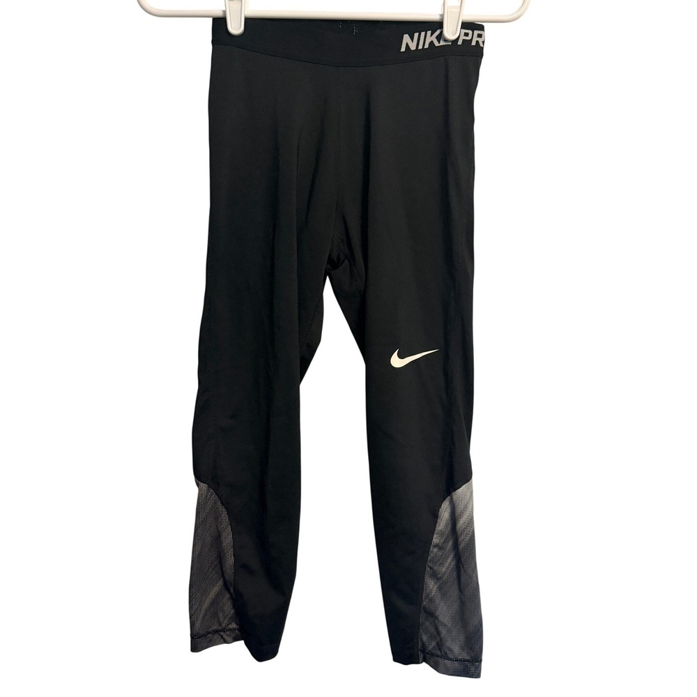 Nike Pro Womens Black Silver Graphic Crop Training Leggings 865954-010 Size S
